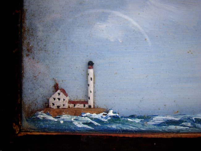 A charming miniature 19th century shadow box diorama of a four-masted ship nearing a lighthouse. — image 3